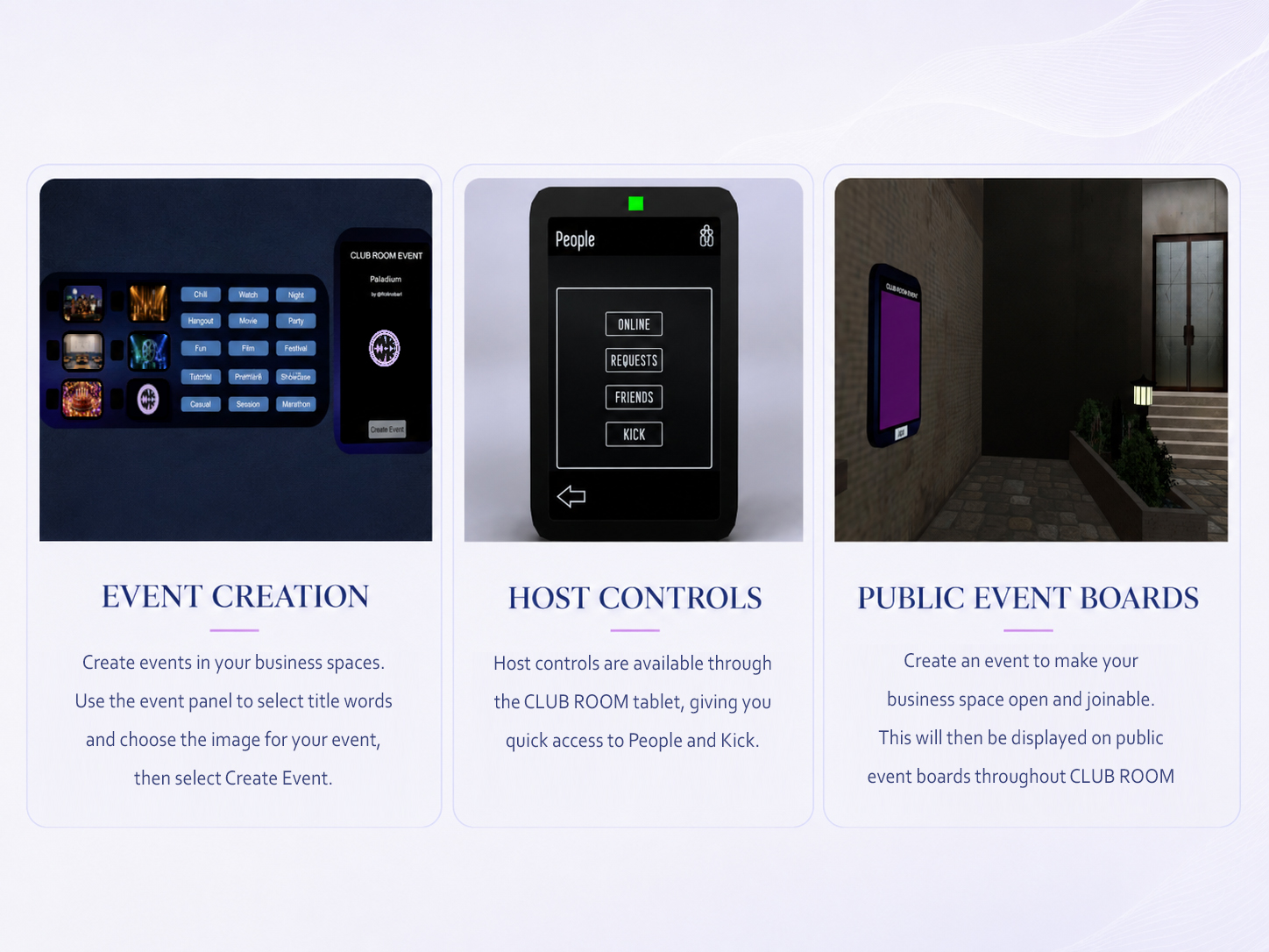 CLUB ROOM Business event creation and host controls