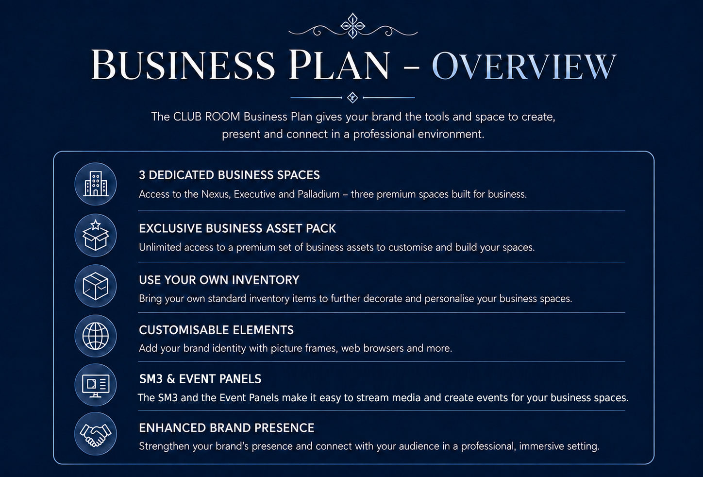 CLUB ROOM Business Plan feature overview