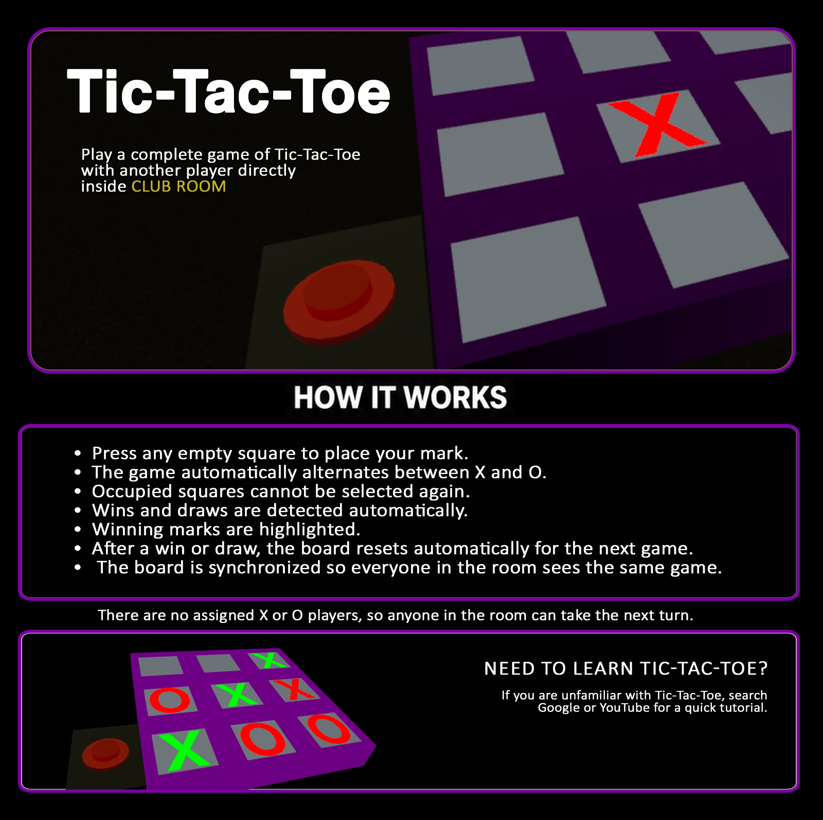 CLUB ROOM Tic-Tac-Toe gameplay and instructions